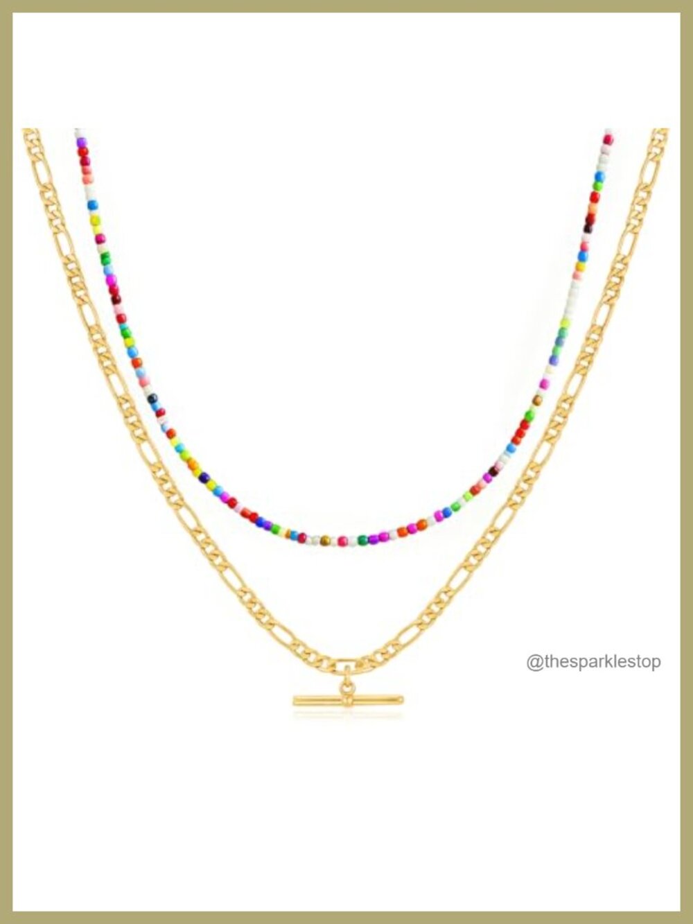 Seed Beaded Layered Necklace Set with 14K Gold Plated Figaro Chain and T Bar